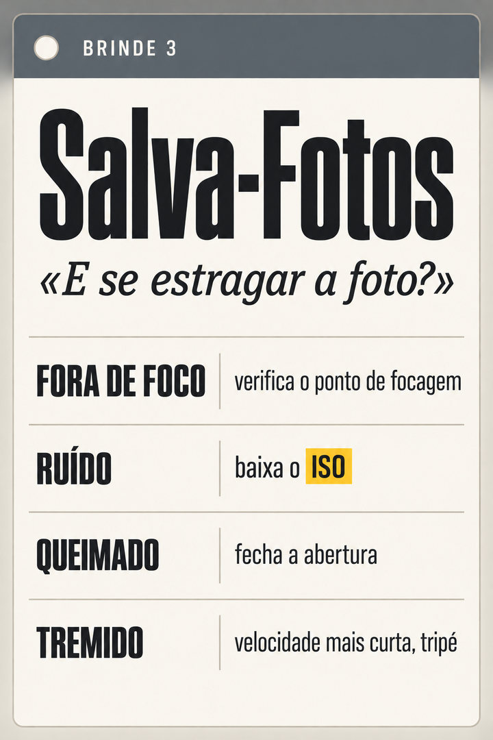Brinde 3: Salva-Fotos – página para a mala: fora de foco → o que verificar, ruído → o que baixar, queimado → o que corrigir, tremido → o que encurtar
