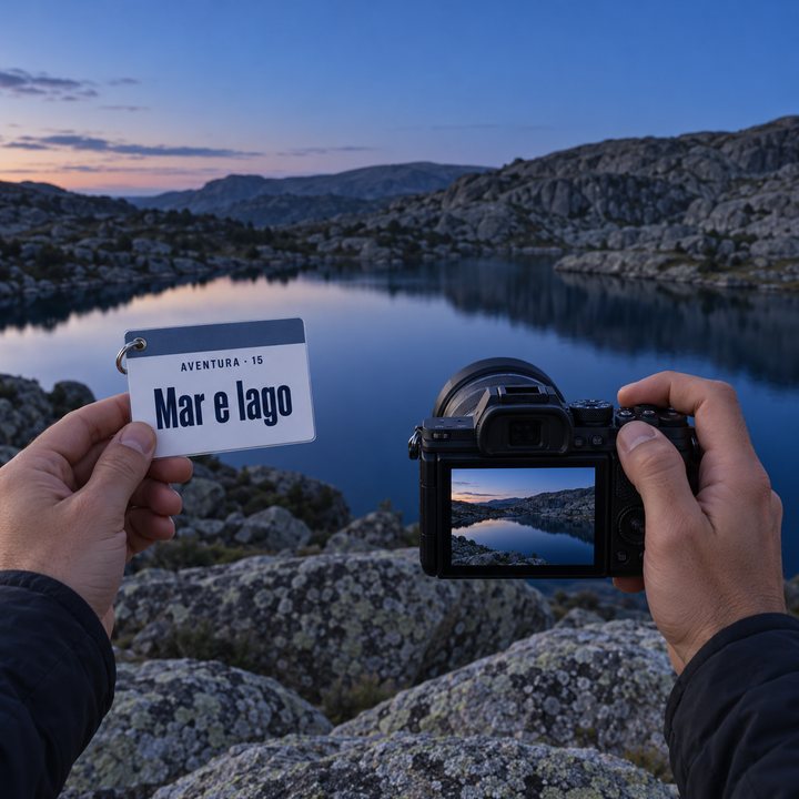 Mãos seguram uma câmara junto à Lagoa Comprida, na Serra da Estrela, depois do pôr do sol; na outra mão a cábula Mar e lago