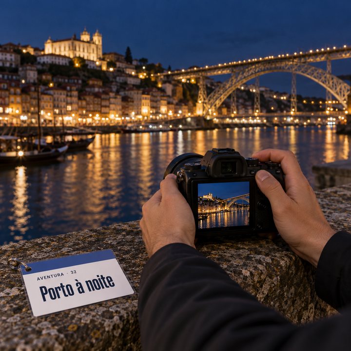 Mãos apoiam a câmara num muro de pedra, ao fundo a Ponte Luís I iluminada, no Porto, ao lado a cábula Porto à noite