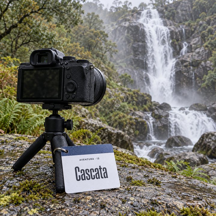 Câmara num minitripé junto à Cascata do Arado, no Gerês, e apoiada no tripé a cábula Cascata