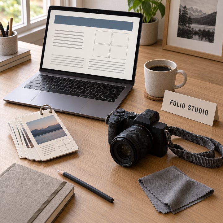 Secretária da Folio Studio: portátil, cábulas num aro, câmara e caderno