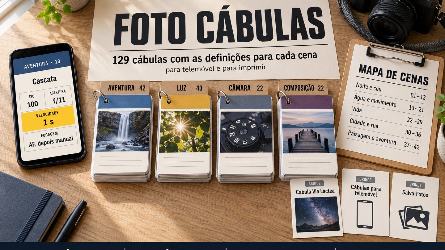 O kit completo em cima da mesa: telemóvel com uma cábula, 129 cábulas por cena, o Mapa de cenas e 3 brindes ao lado de uma câmara