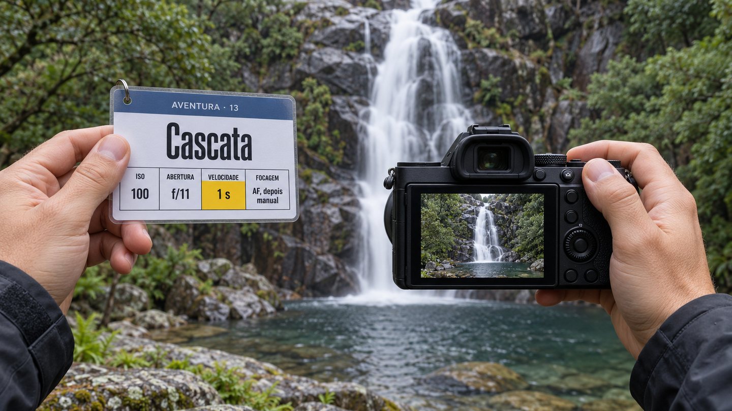 Mãos seguram uma câmara diante de uma cascata, na outra mão a cábula «Cascata» com quatro números