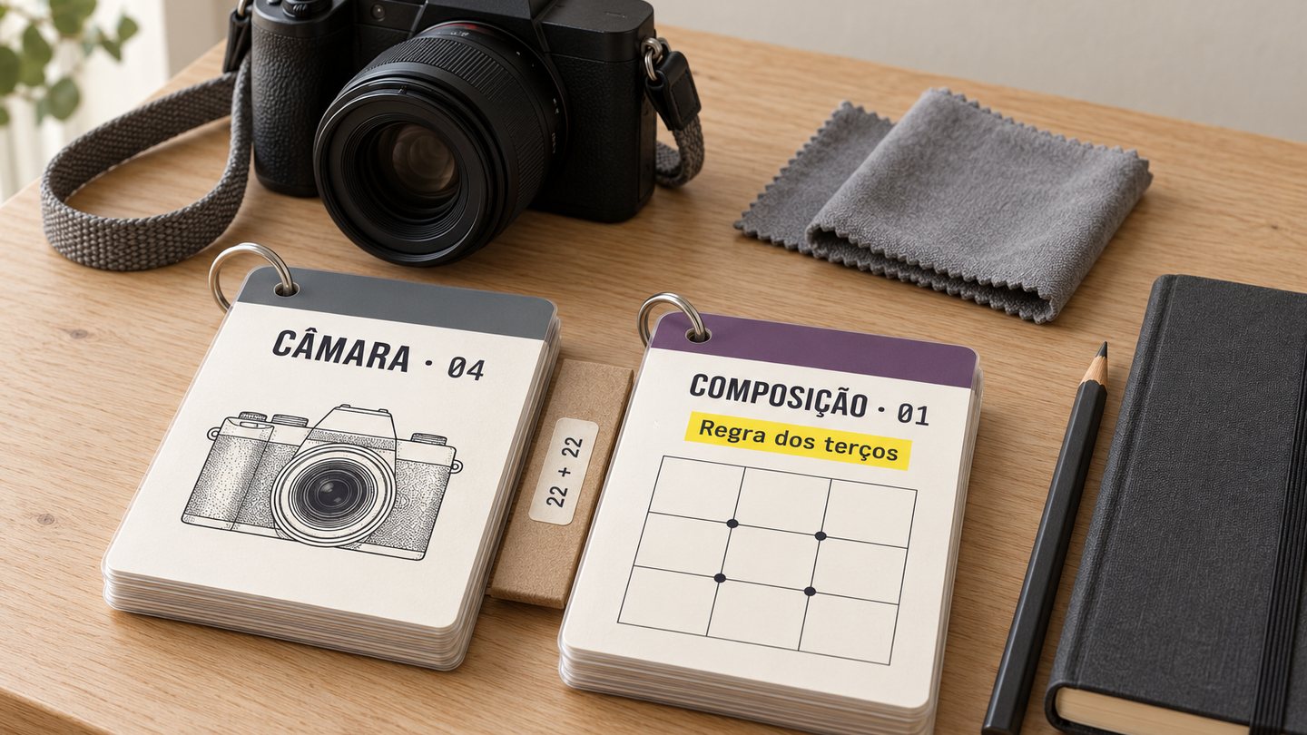 44 cábulas Câmara e Composição: duas pilhas de cábulas sobre a câmara e a composição em cima da mesa